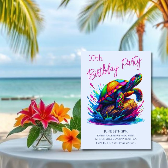 Birthday Party- Colorful Turtle Splash Invitation (Colorful Turtle Splash-Fisherman Core-Dopamine Dressing-Birthday Party Invitation-White)