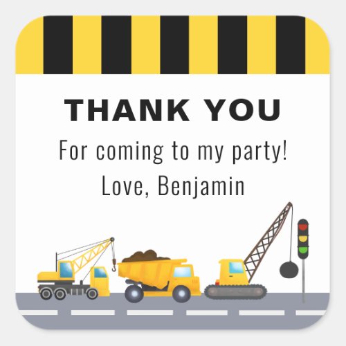 Birthday Party Construction Truck Thank You Square Sticker