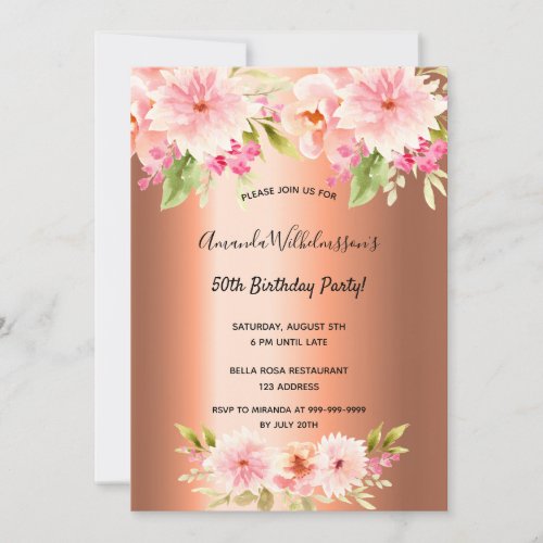 Birthday party copper metallic pink floral invitation