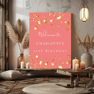 Birthday party coral gold stars welcome poster