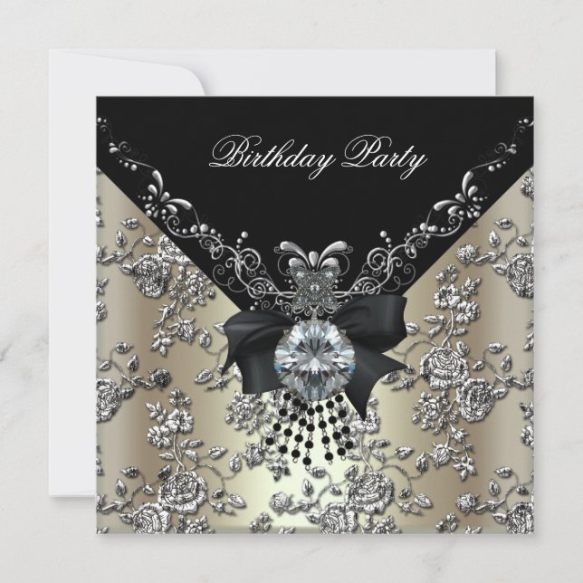 Birthday Party Cream Black Silver Damask Floral Invitation (Front)