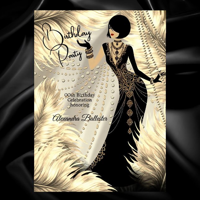 Birthday Party Cream Gold Black Dress Feathers Invitation (Creator Uploaded)