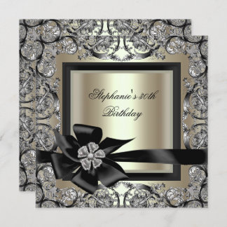 Birthday Party Cream Mint Gold Silver Black Bow 2 Invitation