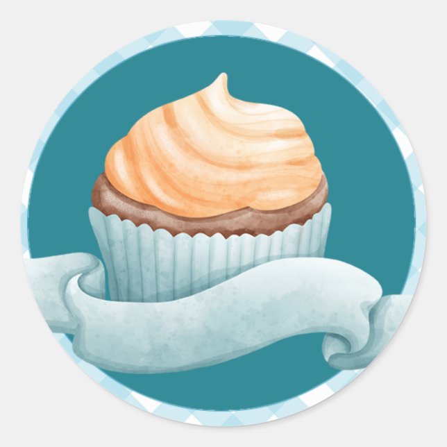 Birthday Party Cupcake Sticker Blue Gingham Plaid (Front)