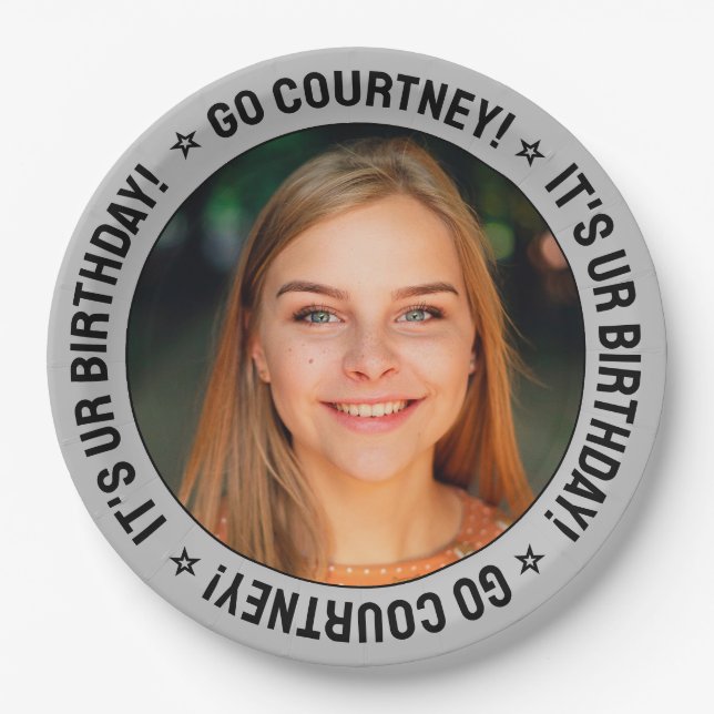 Birthday Party Custom Photo and Text Fun Silver Paper Plates (Front)