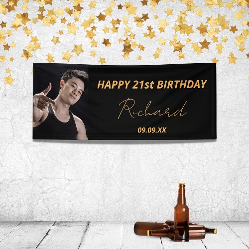 Birthday party custom photo black gold modern guy banner