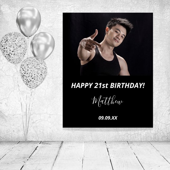 Birthday party custom photo black white modern guy poster (Creator Uploaded)