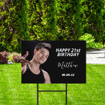 Birthday party custom photo black white modern guy sign<br><div class="desc">An outdoor sign celebrating a 21st (or any age)milestone birthday for a guy, man. An elegant modern black background. Personalize and add your own photo of the birthday boy/man. The text: The name is white with a modern hand lettered style script. Tempates for a name, age 21 and a date...</div>