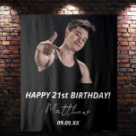 Birthday party custom photo black white modern guy tapestry<br><div class="desc">A tapestry for a 21st (or any age) birthday party for guys. An elegant modern black background. Personalize and add your own high quality photo of the birthday boy/man. The text: The name is white with a modern hand lettered style script. Tempates for a name, age 21 and a date....</div>