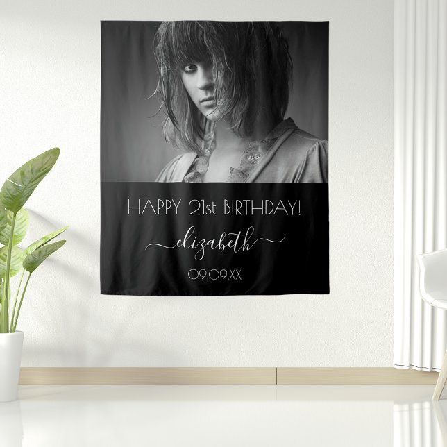 Birthday party custom photo black white modern tapestry (Creator Uploaded)