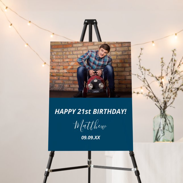 Birthday party custom photo blue guy name foam board (In Situ (Stand))