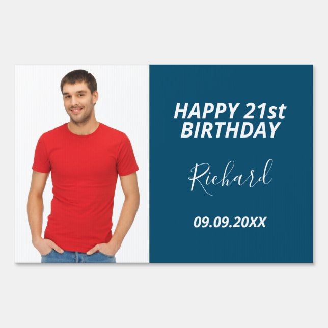 Birthday party custom photo blue modern guy sign (Front)