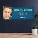 Birthday party custom photo blue white modern guy banner<br><div class="desc">A banner celebrating a 21st (or any age)milestone birthday for a guy, man. An elegant modern blue background. Personalize and add your own photo of the birthday boy/man. The text: The name in white with a modern hand lettered style script. Tempates for a name, age 21 and a date. Can...</div>