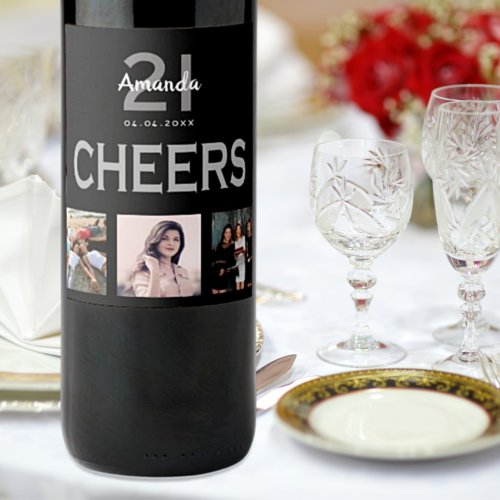 Birthday party custom photo collage black cheers wine label