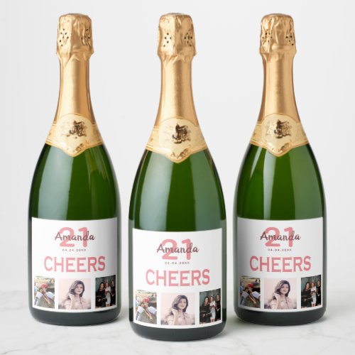Birthday party custom photo collage coral cheers sparkling wine label