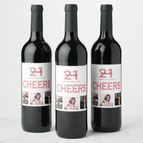 Birthday party custom photo collage coral cheers wine label