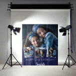 Birthday party custom photo collage navy blue tapestry<br><div class="desc">A tapestry for a 21st (or any age) birthday party. A navy blue background. Personalize and add 4 high quality photos of the birthday girl. The text: The name in white with a modern hand lettered style script. Tempates for a name, age. Can be used as wall decor for the...</div>