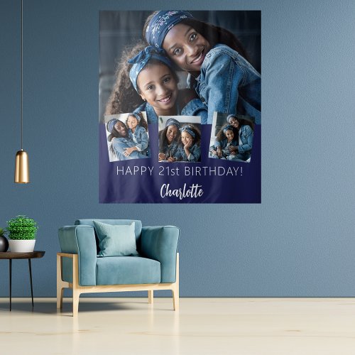 Birthday party custom photo collage navy blue tapestry