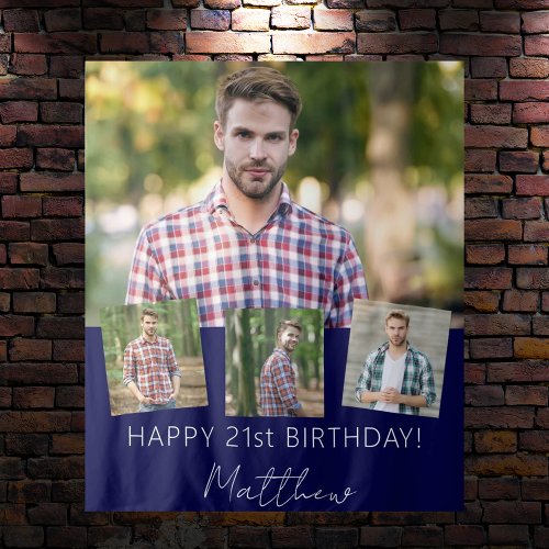 Birthday party custom photo collage navy blue tapestry