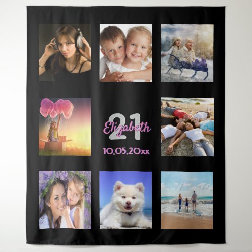 Birthday party custom photo collage pink black tapestry