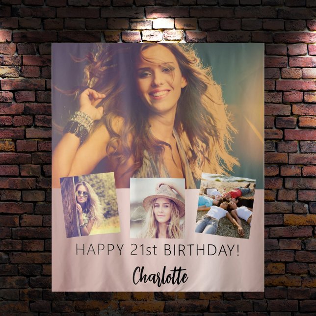 Birthday party custom photo collage rose gold tapestry (Creator Uploaded)