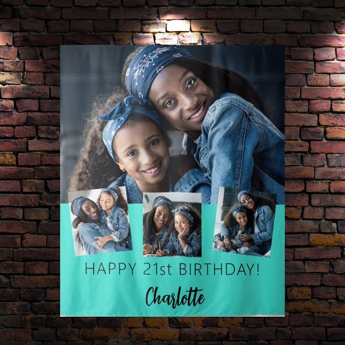 Birthday party custom photo collage turquoise tapestry