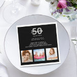 Birthday party custom photo fun facts black white napkins<br><div class="desc">For an elegant 50th (or any age) surprise birthday party. Personalize and add a name, age 50 and a date. Date of birth or the date of the party. Add 3 of your own photos of the birthday girl or from her life. Add fun facts, a biography. White and gray...</div>