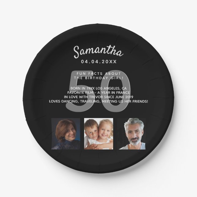 Birthday party custom photo fun facts black white paper plates (Front)