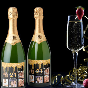 Birthday party custom photo glitter black sparkle sparkling wine label