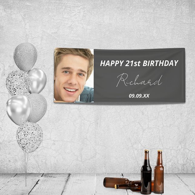 Birthday party custom photo gray white guy modern banner (Creator Uploaded)