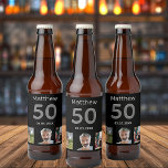 Birthday party custom photo monogram guy beer bottle label<br><div class="desc">For a 50th birthday party. A collage of 3 of your photos of himself friends,  family,  interest or pets.  Personalize and add his name,  age 50 and a date.  Date of birth or the date of the birthday party.  Gray and white colored text. Black background.</div>