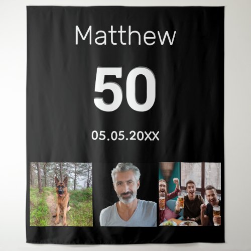 Birthday party custom photo monogram guy black tapestry