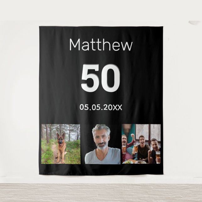 Birthday party custom photo monogram guy black tapestry (Front)