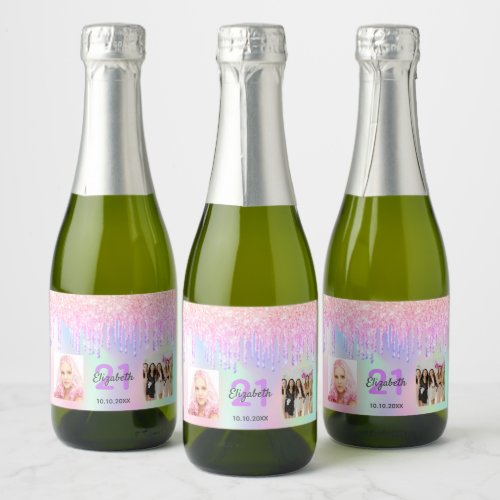 Birthday party custom photo rainbow glitter pink sparkling wine label