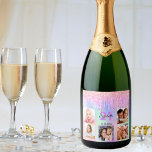 Birthday party custom photo rainbow glitter pink sparkling wine label<br><div class="desc">For a 21st (or any age) birthday party, celebrating her life with a collage of 5 of your own photos. Personalize and add a name, age 21 and a date. Date of birth or the date of the party. Purple and dark gray colored letters. A trendy rainbow colored background in...</div>