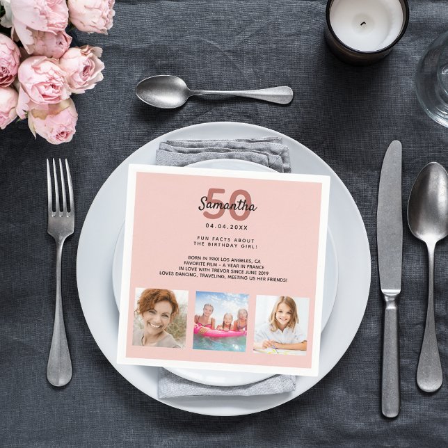 Birthday party custom photo rose gold fun facts napkins (Creator Uploaded)