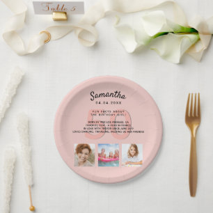 Birthday party custom photo rose gold fun facts paper plates