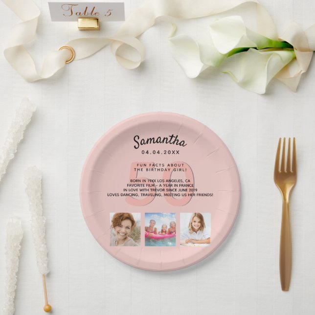 Birthday party custom photo rose gold fun facts paper plates (Wedding)