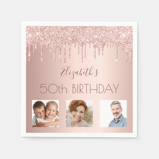 Birthday party custom photo rose gold glitter pink napkins (Front)