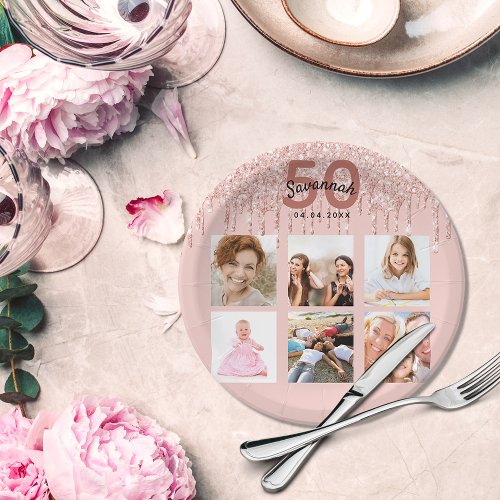 Birthday party custom photo rose gold glitter pink paper plates