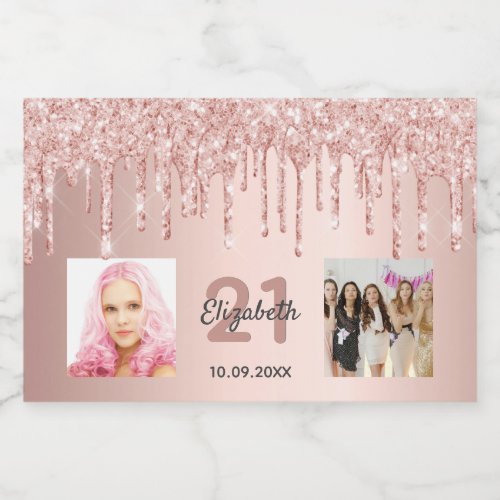 Birthday party custom photo rose gold glitter pink sparkling wine label