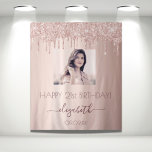 Birthday party custom photo rose gold glitter pink tapestry<br><div class="desc">A tapestry for a girly and glamorous 21st (or any age) birthday party. A rose gold , pink gradient background with an elegant rose gold colored faux glitter drips. Personalize and add your own high quality photo of the birthday girl. The text: The name is written in dark rose gold...</div>