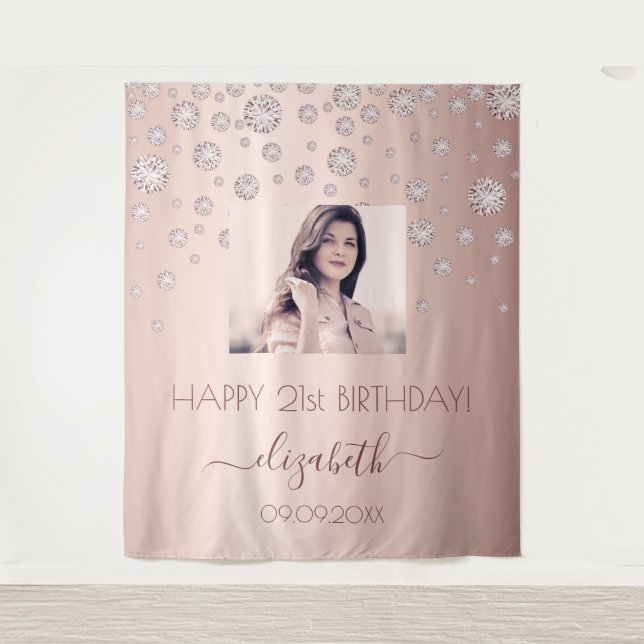 Birthday party custom photo rose gold pink diamond tapestry (Front)