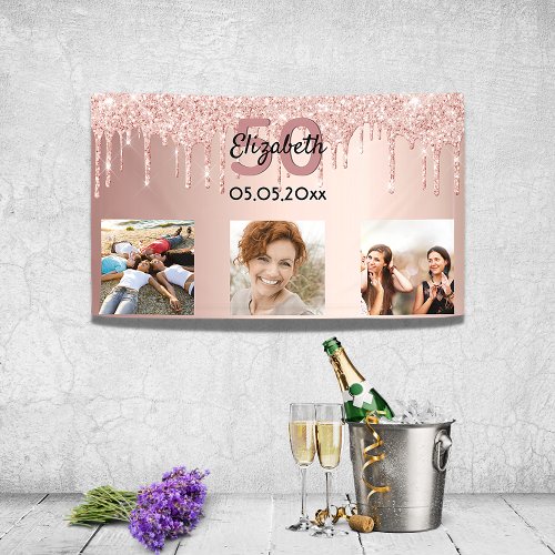 Birthday party custom photo rose gold pink glitter banner