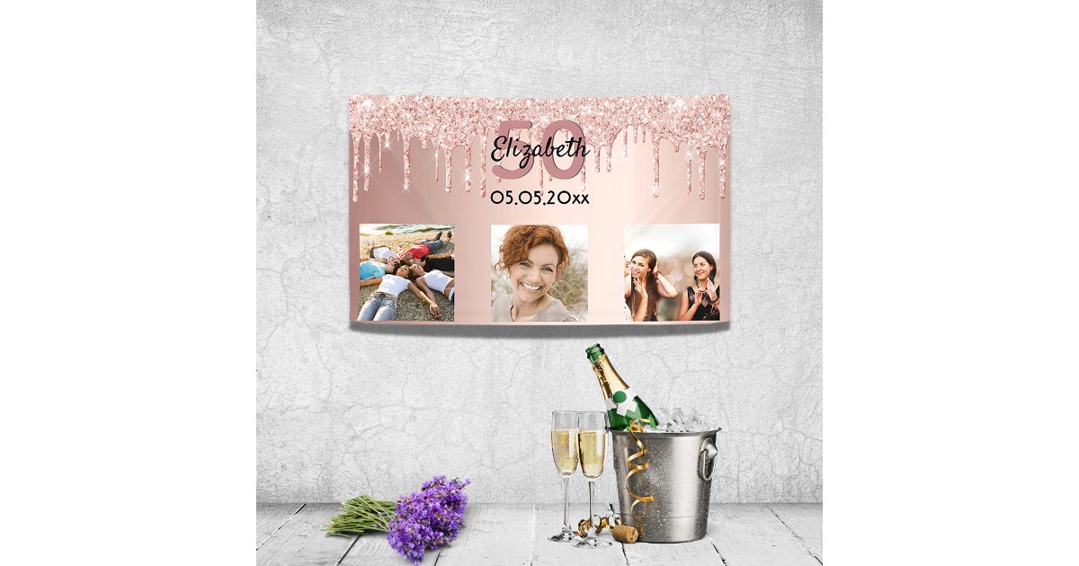 Birthday party custom photo rose gold pink glitter banner | Zazzle