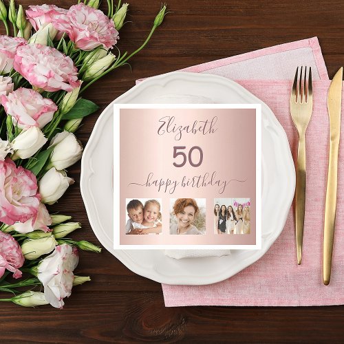 Birthday party custom photo rose gold pink napkins