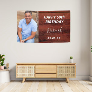 Birthday party custom photo rustic brown wood banner