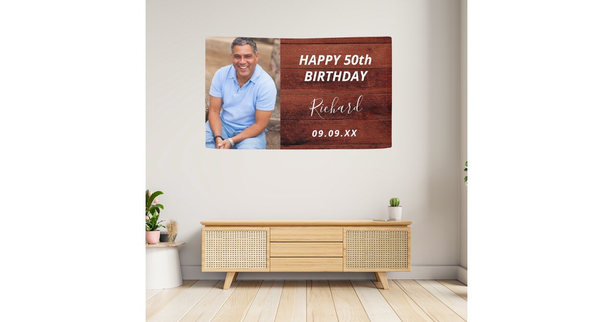 Birthday party custom photo rustic brown wood banner | Zazzle