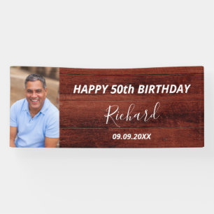 Birthday party custom photo rustic brown wood banner