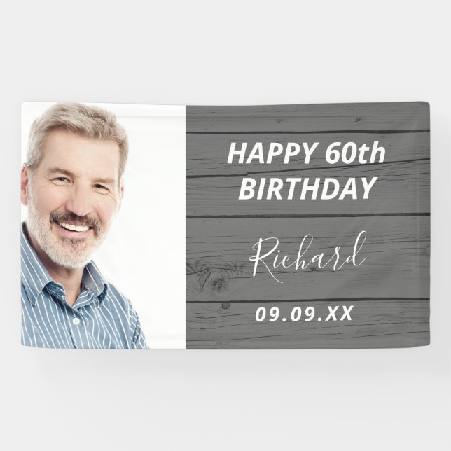 Birthday party custom photo rustic wood gray banner (Horizontal)